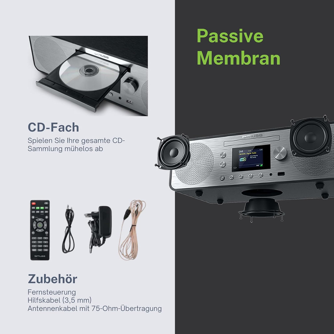 MUSE M-885 DAB Design Bluetooth Stereoanlage mit CD-Player und USB (DAB+, UKW, NFC, AUX), 80 Watt, g