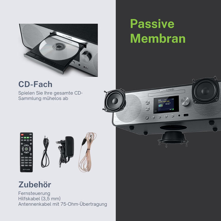 MUSE M-885 DAB Design Bluetooth Stereoanlage mit CD-Player und USB (DAB+, UKW, NFC, AUX), 80 Watt, g