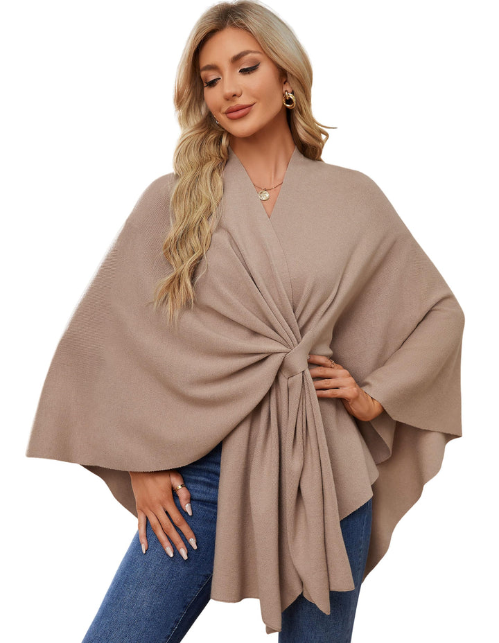 PULI Damen Elegant Poncho Strick Ponchos Capes Vorne öffnen Vielseitige Schalwickel mit Lasche Bräun