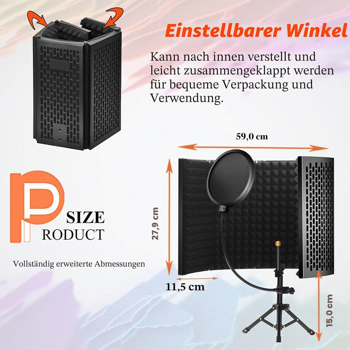 Mikrofon Isolation Schallschutz mit Stativ, 5 Seiten Faltbar Absorbierender Schaumschicht Micscreen