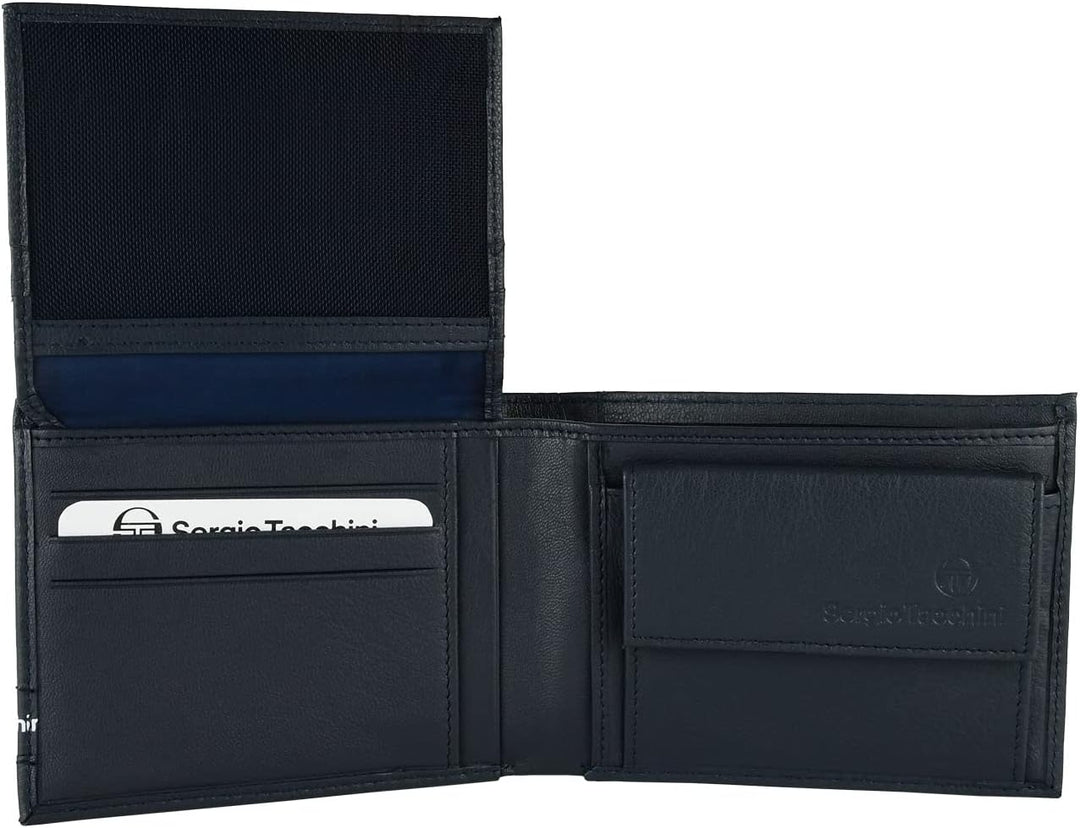 Sergio Tacchini Herren Brieftasche in echtem Leder, dünn mit Trägern Blau 019, Blau 019