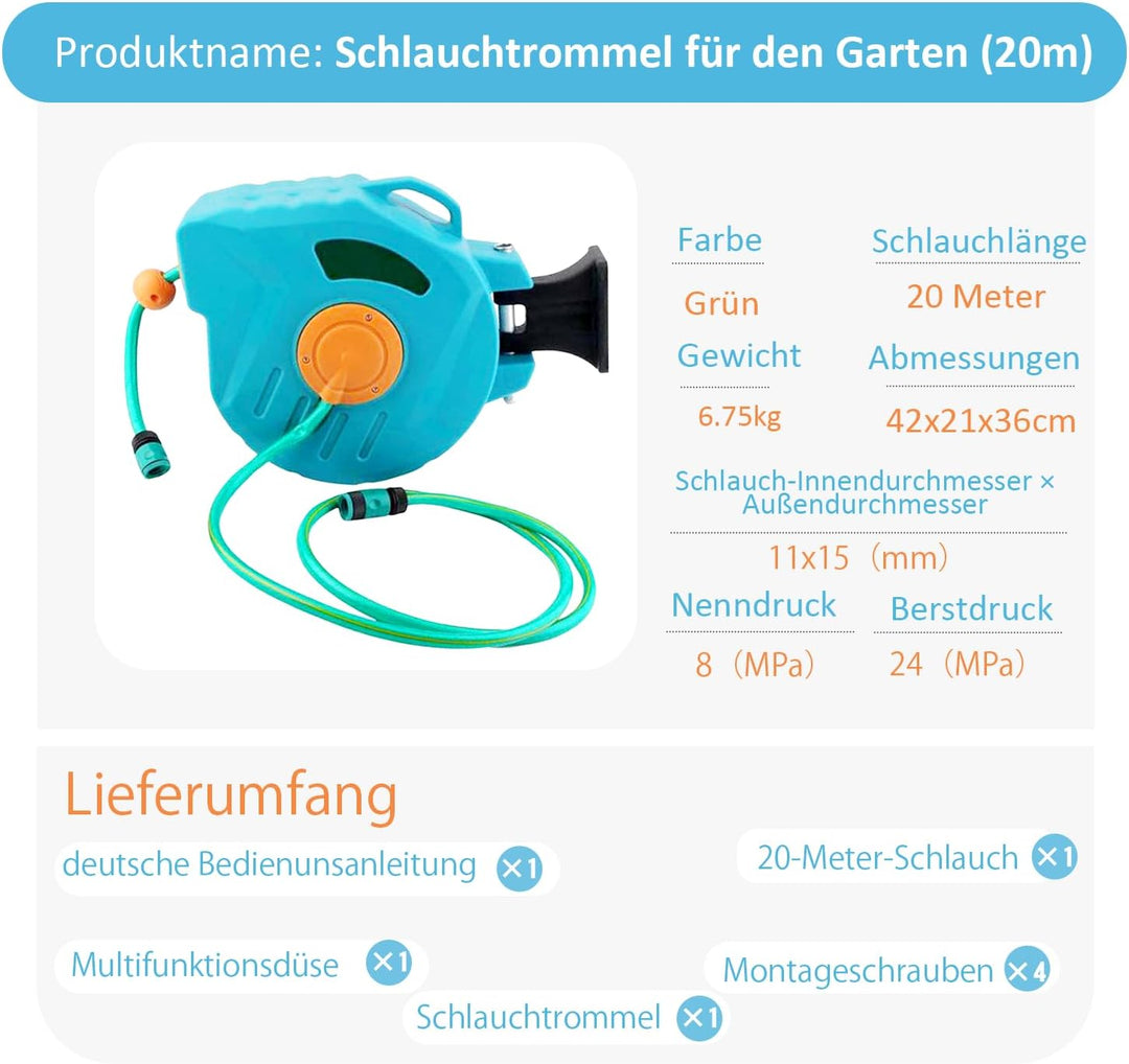 Kurflo Wand-Schlauchtrommel 20 m, Tragbare Schlauchtrommel, Automatischer Rückzug, mit Multifunktion