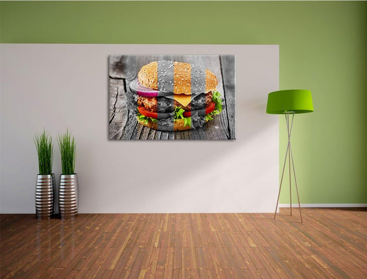 Saftiger Cheeseburger schwarz/weiss Format: 100x70 cm auf Leinwand, XXL riesige Bilder fertig gerahm
