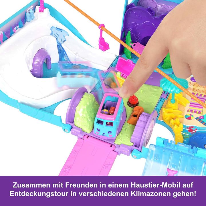 Polly Pocket-Mikropuppen und umwandelbarer Camper, mit Accessoires wie Haustieren und Spielzeugauto,