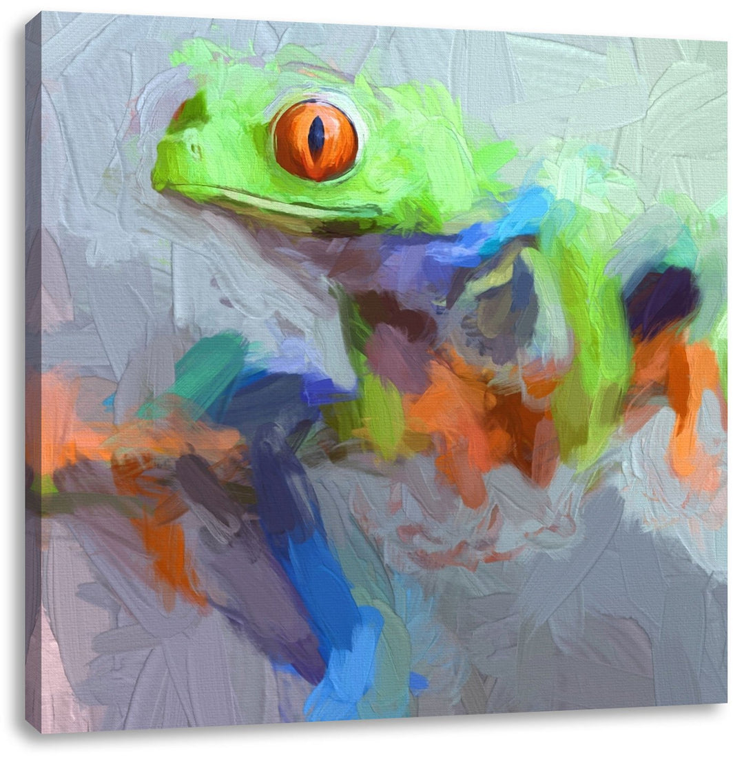 Grüner Frosch auf Ast, Format: 70x70 auf Leinwand, XXL riesige Bilder fertig gerahmt mit Keilrahmen,