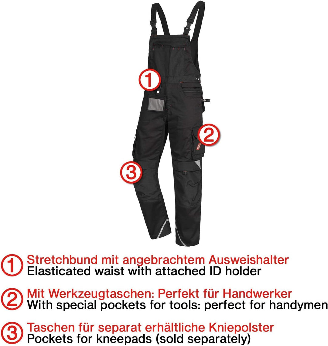 Nitras Motion Tex Pro FX Lange Arbeitshose für Damen/Herren - Latz-Bundhose 44 Schwarz, 44 Schwarz