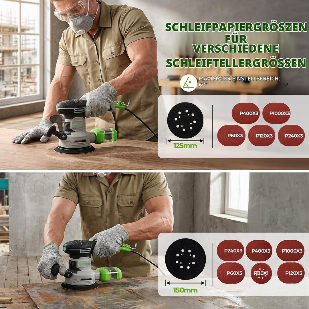 DESOON Exzenterschleifer 450W mit 31 Schleifblättern, 6 Geschwindigkeiten Max.14000 U/min, inkl. aus