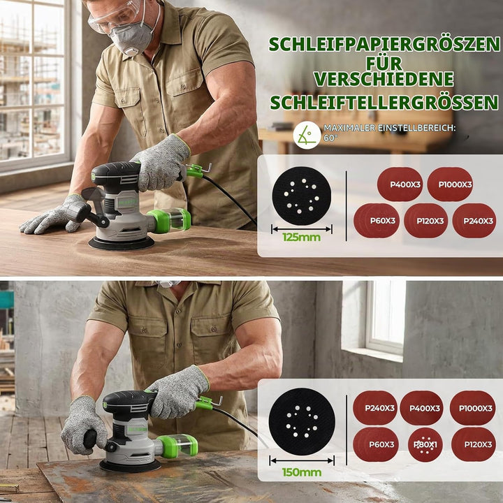 DESOON Exzenterschleifer 450W mit 31 Schleifblättern, 6 Geschwindigkeiten Max.14000 U/min, inkl. aus