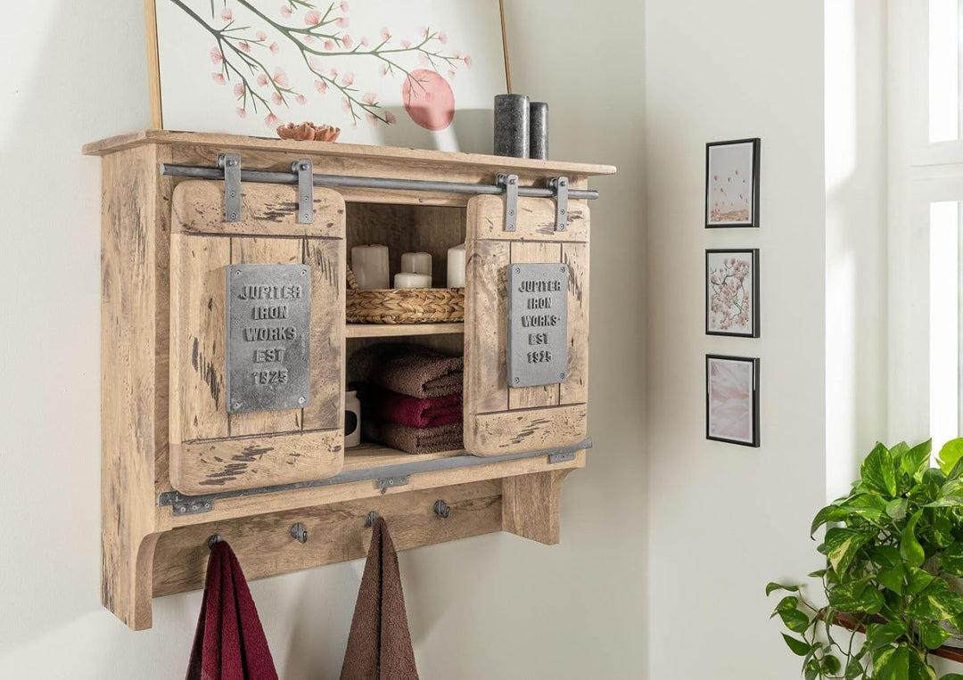 MASSIVMOEBEL24.DE Railway Wandgarderobe 90x30x75 Mango, Farbe:beige lackiert, Grösse:90x30x75 cm (Bx
