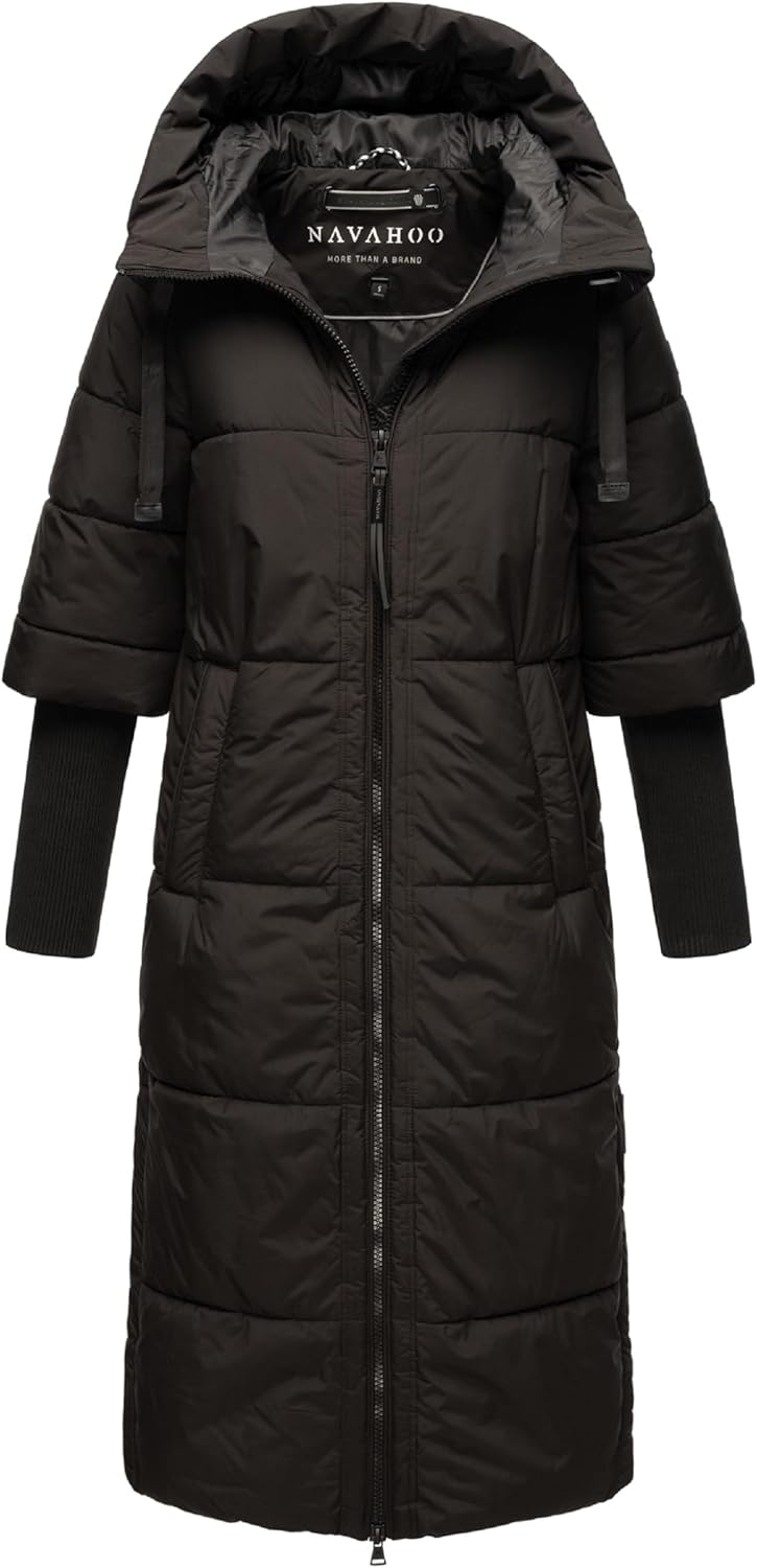 Navahoo Damen Wintermantel warmer Steppmantel lang mit Kapuze und Rippstrickärmeln Ciao Miau XIV XS-