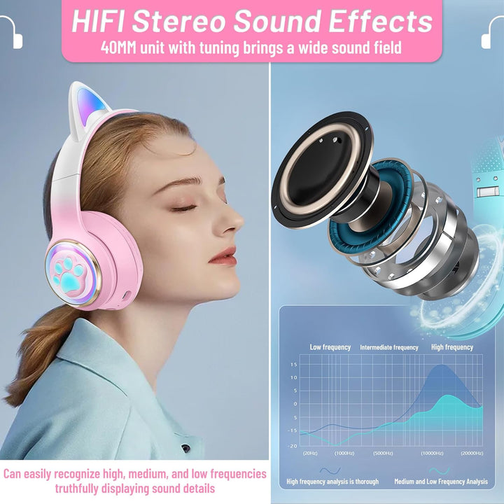 Katzenohr Kopfhörer Kindergeburtstag Geschenke Kind LED Katzenohren Farbgradient Kabellose Bluetooth