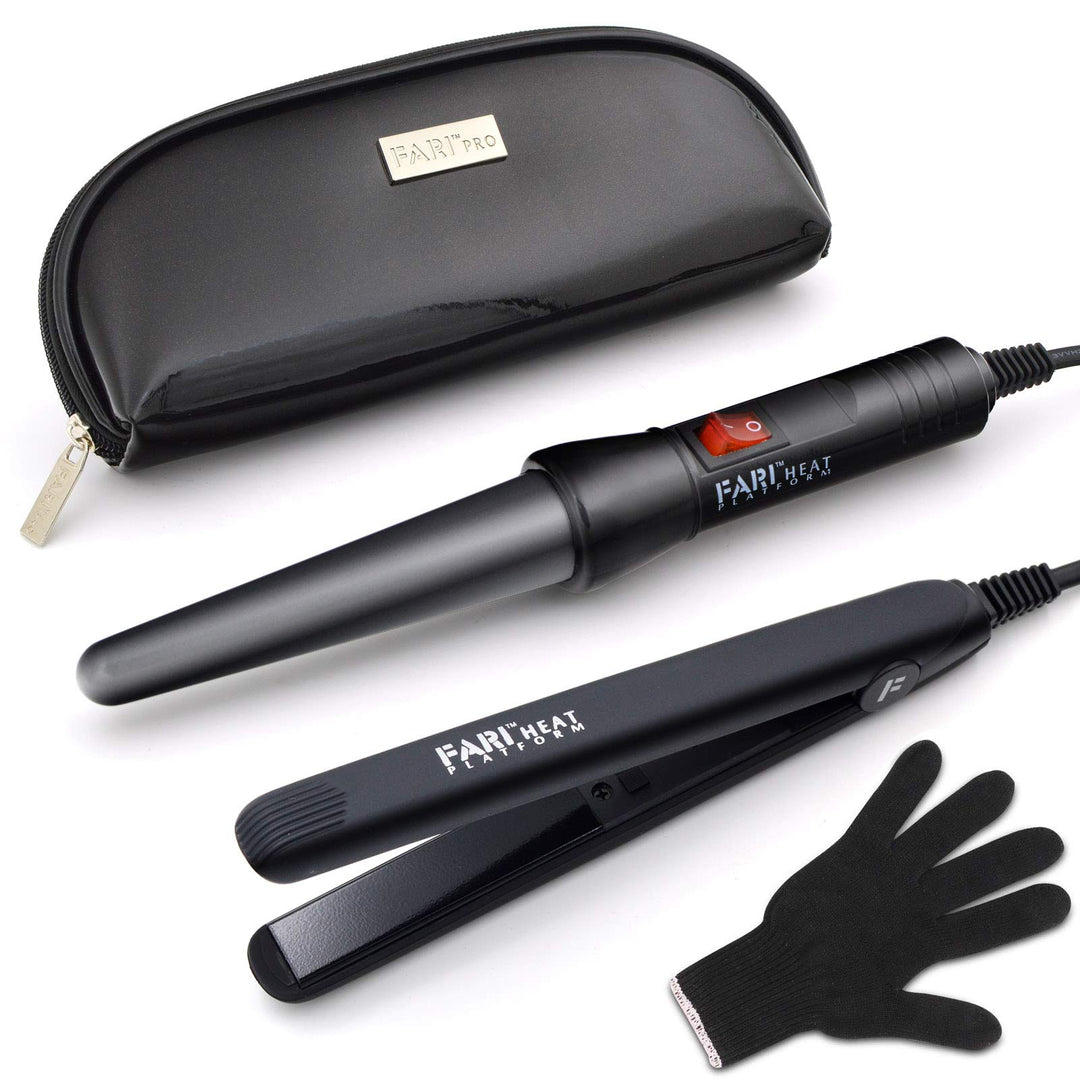 FARI Reise Lockenstab und Mini-Glätteisen 2 in 1 Kit, Keramik Turmalin Lockenstäbe und Haarglätter S