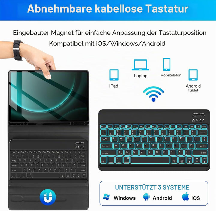 SOPPY Samsung Galaxy Tab S9 FE+/S9+/S8+/S7+/S7 FE 12,4 Zoll Tastaturhülle mit Hintergrundbeleuchtung