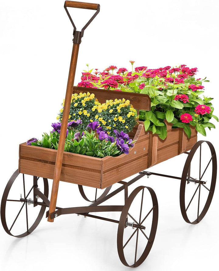 RELAX4LIFE Blumenständer mit 4 Rädern aus Metall, Pflanzwagen aus Massivholz, Holzwagen bis zu 15 kg