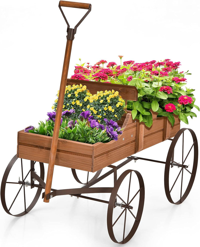 RELAX4LIFE Blumenständer mit 4 Rädern aus Metall, Pflanzwagen aus Massivholz, Holzwagen bis zu 15 kg