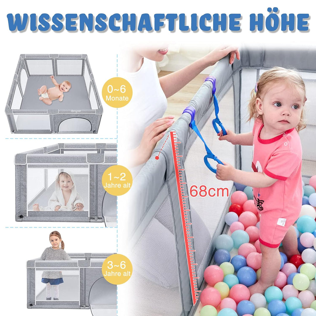 NAIZY Baby Laufstall XL Laufgitter Grau Absperrgitter mit Rutschfester Basis und Atmungsaktivem Netz