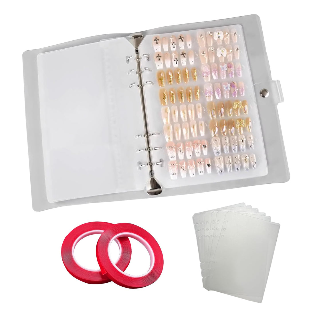 A5 Nagel-Organizer Set mit Druckknopf & Loseblatt-System – Robuste transparente Box + 6 Klebepads &