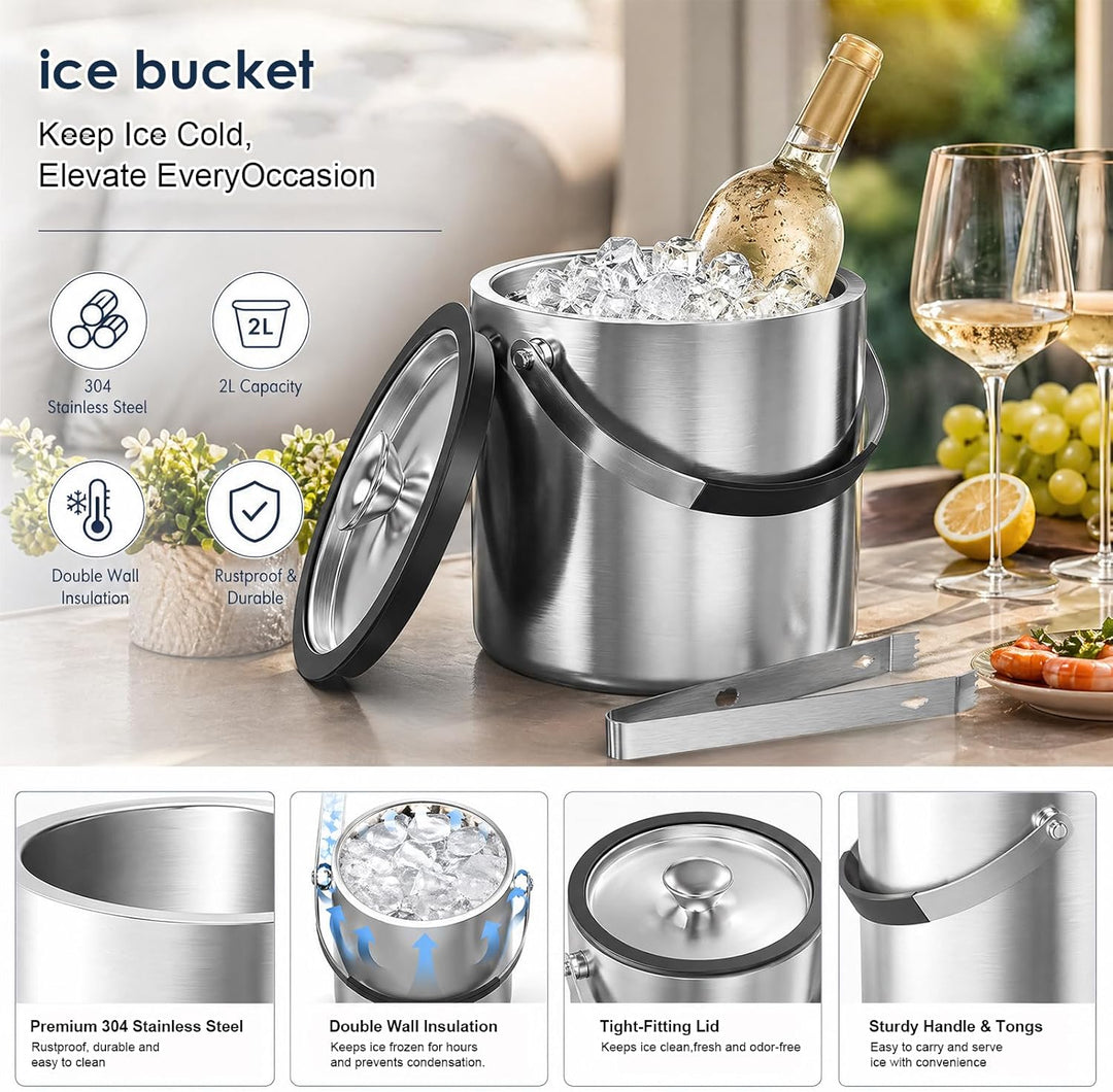 2L Edelstahl Eisbehälter mit Luftdichtem Deckel, Sieb und Eiszange, Eiswürfelbehälter Doppelwandiger
