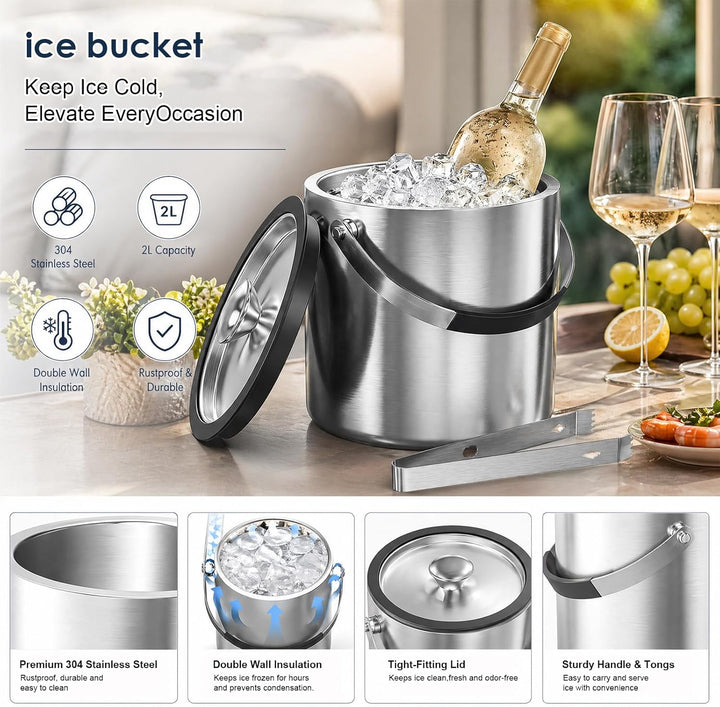 2L Edelstahl Eisbehälter mit Luftdichtem Deckel, Sieb und Eiszange, Eiswürfelbehälter Doppelwandiger