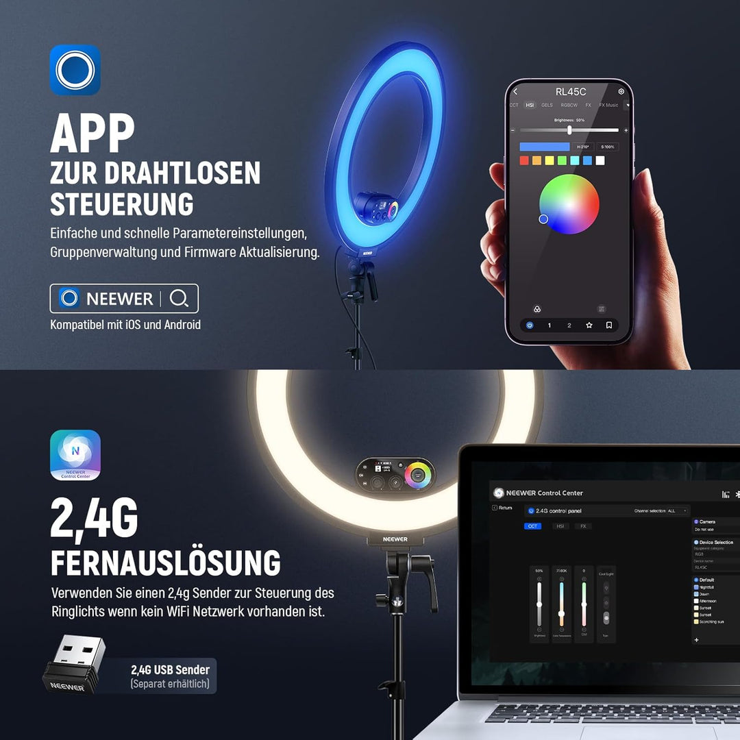NEEWER RL45C 18" 45W RGB LED Ringlicht Edge Lit Licht mit Handy Stativ Fernbedienung CRI95+ 3100lux/