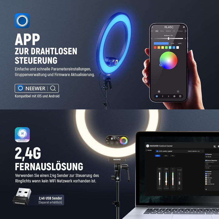 NEEWER RL45C 18" 45W RGB LED Ringlicht Edge Lit Licht mit Handy Stativ Fernbedienung CRI95+ 3100lux/