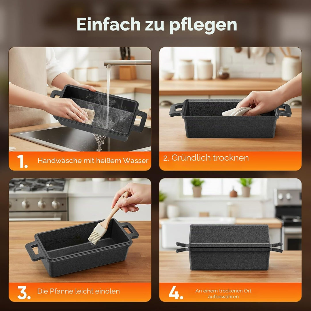 Brotbackform aus Gusseisen – 32cm Gusseisen Topf Brot backen mit Deckel, rechteckiger Brotbacktopf,
