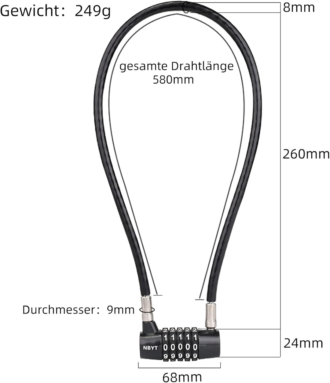 NBYT Kabel Draht Kombinations Vorhängeschloss,58cm Länge,8mm Durchmesser, für Schranktürgriffe, Fahr