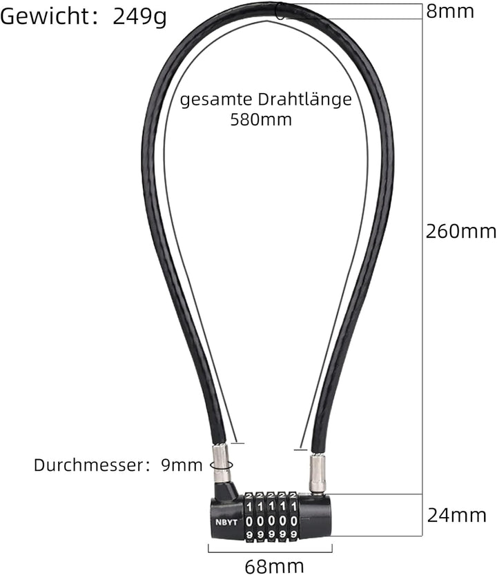 NBYT Kabel Draht Kombinations Vorhängeschloss,58cm Länge,8mm Durchmesser, für Schranktürgriffe, Fahr