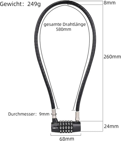 NBYT Kabel Draht Kombinations Vorhängeschloss,58cm Länge,8mm Durchmesser, für Schranktürgriffe, Fahr
