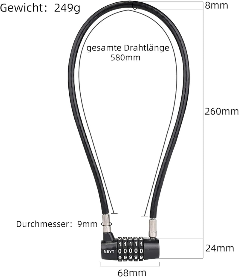 NBYT Kabel Draht Kombinations Vorhängeschloss,58cm Länge,8mm Durchmesser, für Schranktürgriffe, Fahr