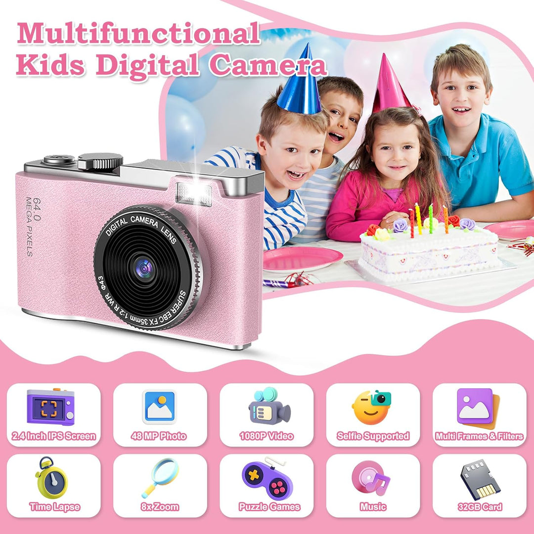 AKOFIC Kinderkamera, 2,4 Zoll 1080P HD Bildschirm Kamera Kinder mit 32GB Karte, Selfie Digitalkamera