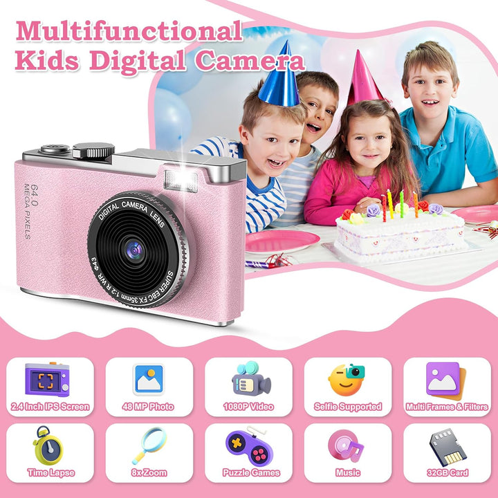 AKOFIC Kinderkamera, 2,4 Zoll 1080P HD Bildschirm Kamera Kinder mit 32GB Karte, Selfie Digitalkamera