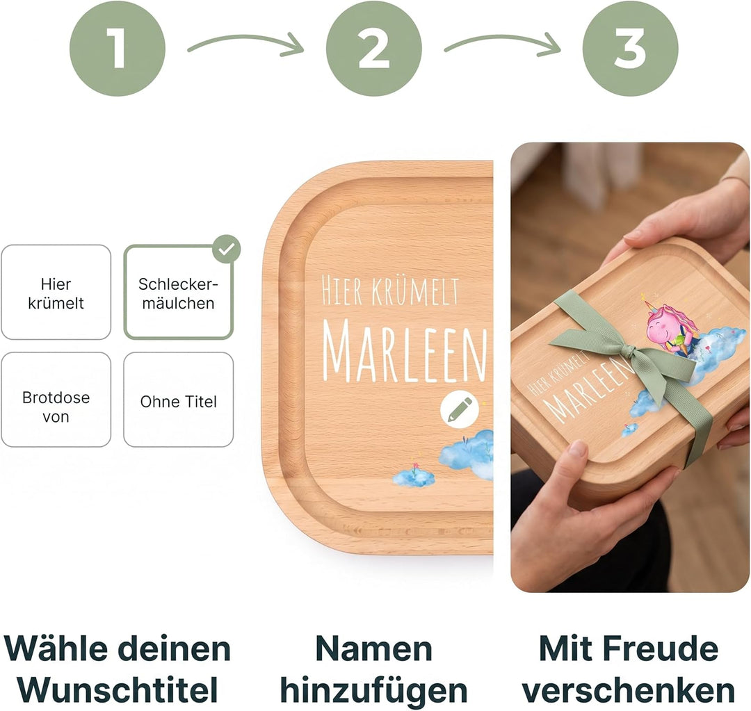 LOOXIS Personalisierte Lunchbox für Kinder – Personalisierbare Brotdose Namen und Motiv, Buchenholzd