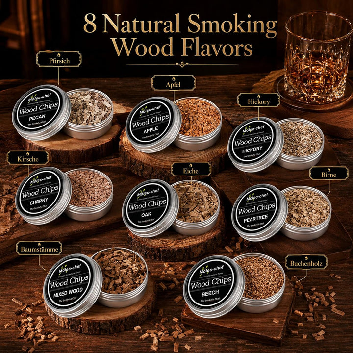 Whisky-Räucherset mit Fackel, Cocktail Räucher-Set mit 8 Holzsorten & Zubehör Drink Räucher-Kit für