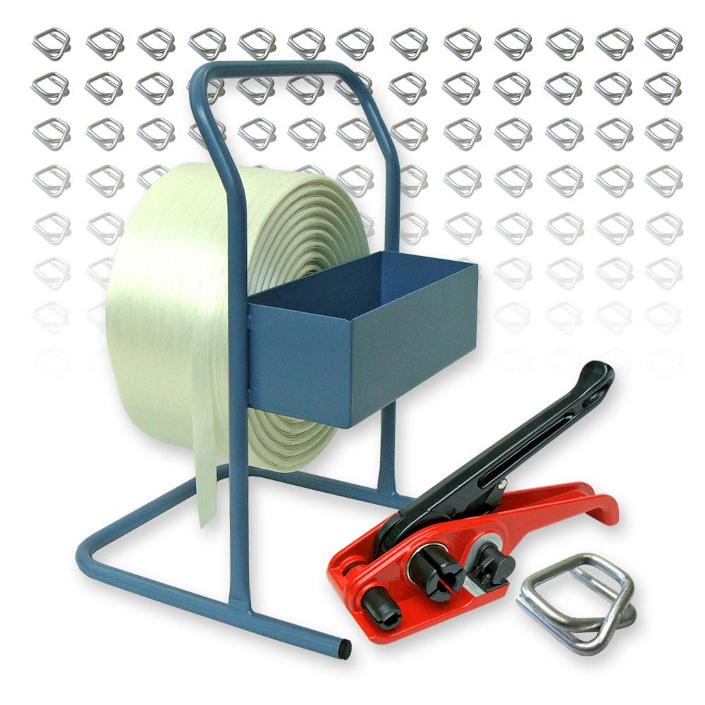 Umreifungsset - 19 mmTextil Umreifungsband 600 m, Spanngerät, Bandabroller, 150 Drahtverschlussklemm
