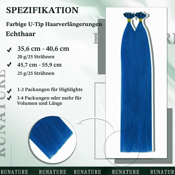 RUNATURE Bonding Extensions Echthaar Blau 40cm Remy Keratin Bondings U Tip Echthaar Hot Fusion Unsic