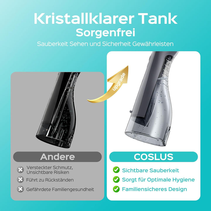 COSLUS Munddusche Kabellos Tragbar Elektrische Zahnreiniger, 300ML Wassertank Wiederaufladbar Zahndu