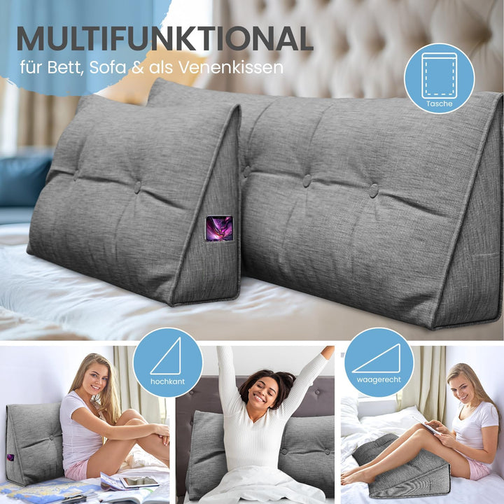 Rückenkissen, Bett-Rückenstütze Keilform, Rückenstützkissen, für Bett & Sofa, 100 cm breit, ideal fü