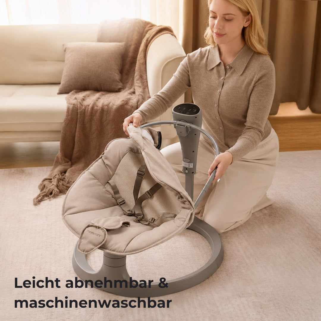 Momcozy 2-in-1 Elektrische Babywippe, 4 Bewegungen & 4 Geschwindigkeiten, Doppelarm-Struktur, 2 Lieg