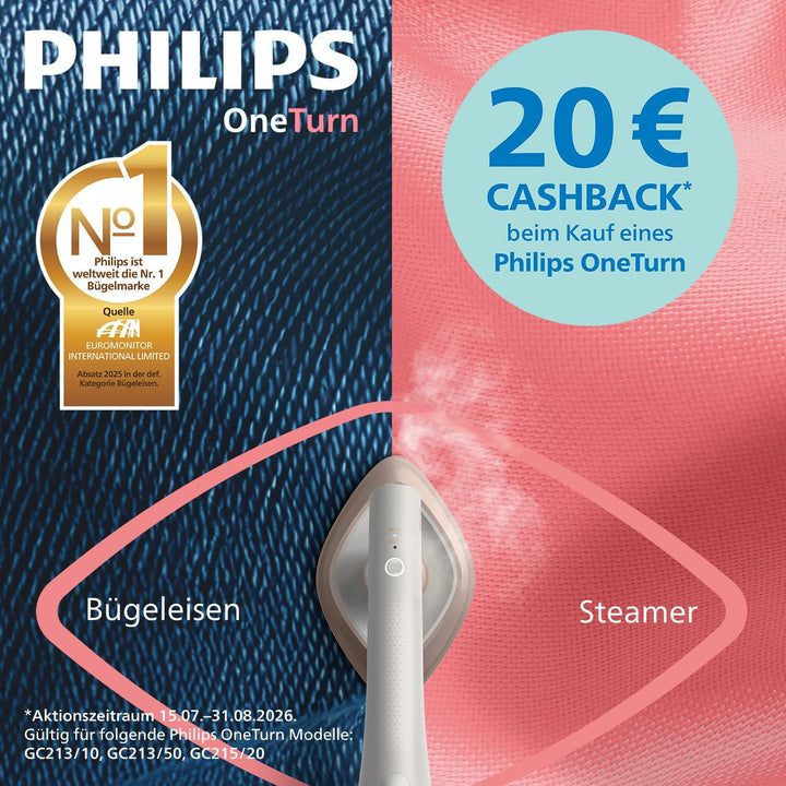 Philips OneTurn, 2-in-1 Bügeleisen & Steamer mit drehbarem Kopf, Einfach losbügeln – kein Brett, 45