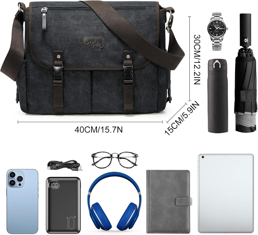 Umhängetaschen Herren aus Canvas, Vintage Canvas Messenger Bag, Laptoptasche 15.6 Zoll Arbeitstasche