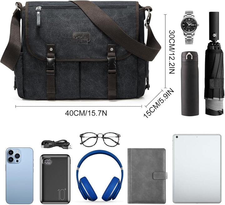 Umhängetaschen Herren aus Canvas, Vintage Canvas Messenger Bag, Laptoptasche 15.6 Zoll Arbeitstasche