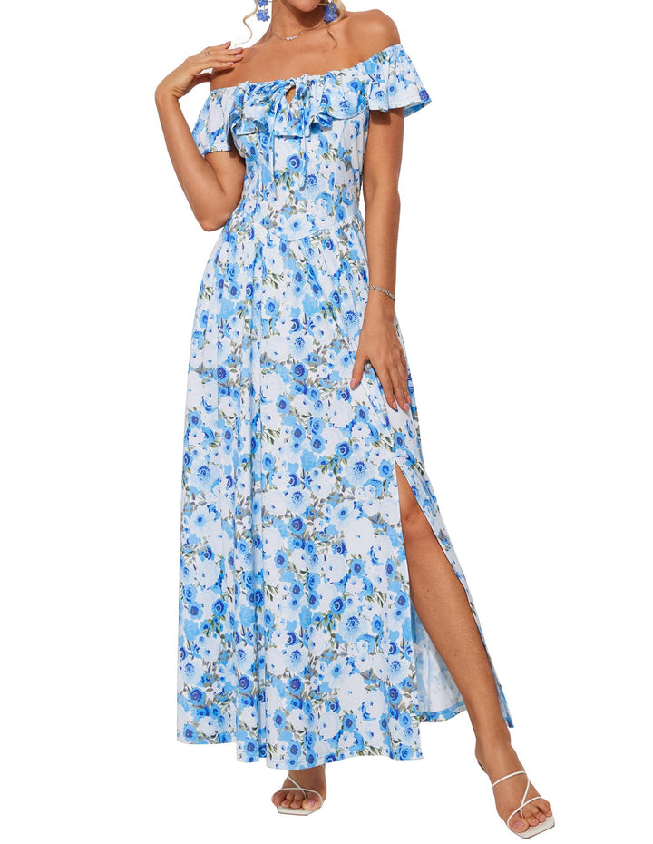 GRACE KARIN Damen Sommerkleid Lang Schulterfrei Rüschen Schlitz Boho Blumenkleid Elegant Hochzeitsgä