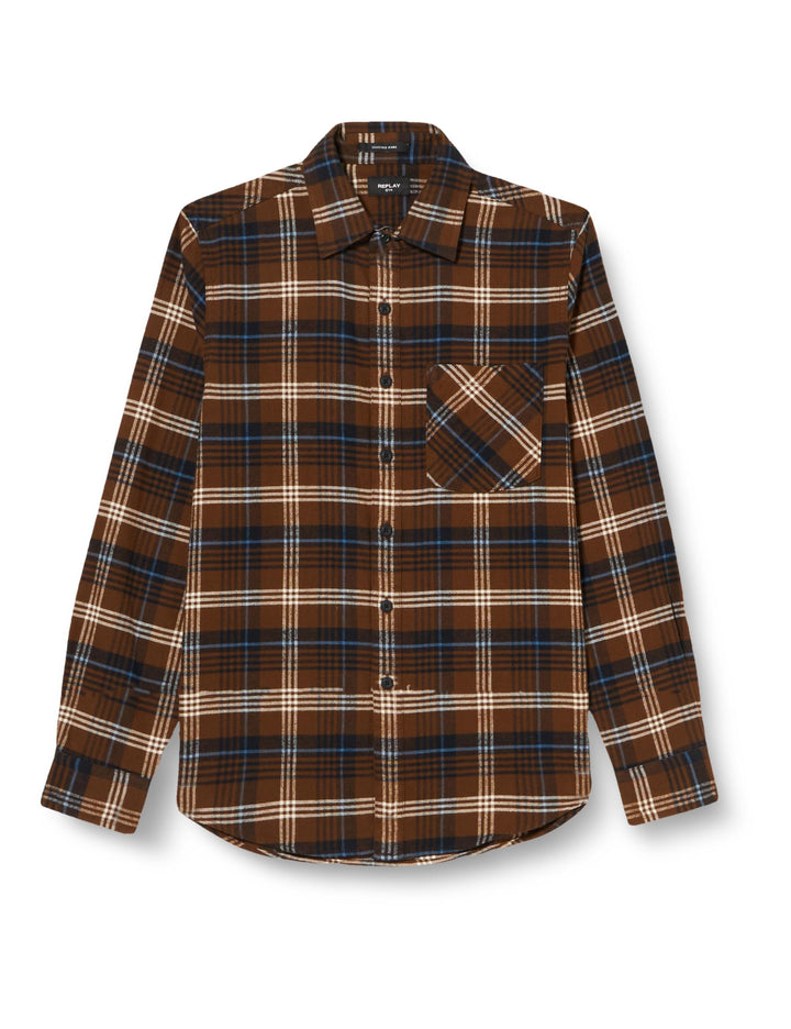REPLAY Herren Hemd Langarm Regular Fit XL Brown/Blue/Lt Blue/Nat.white 040, XL Brown/Blue/Lt Blue/Na