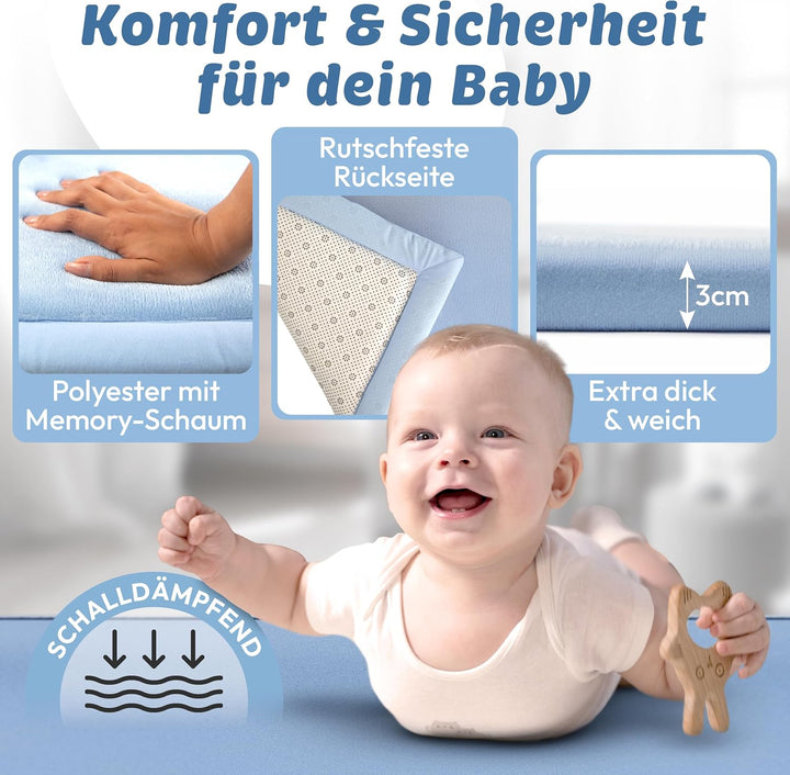 Seidenweiche Krabbelmatte Baby 200x150x3cm blau Extra Dicke(3cm) Spielmatte Kinder mit Premium Memor