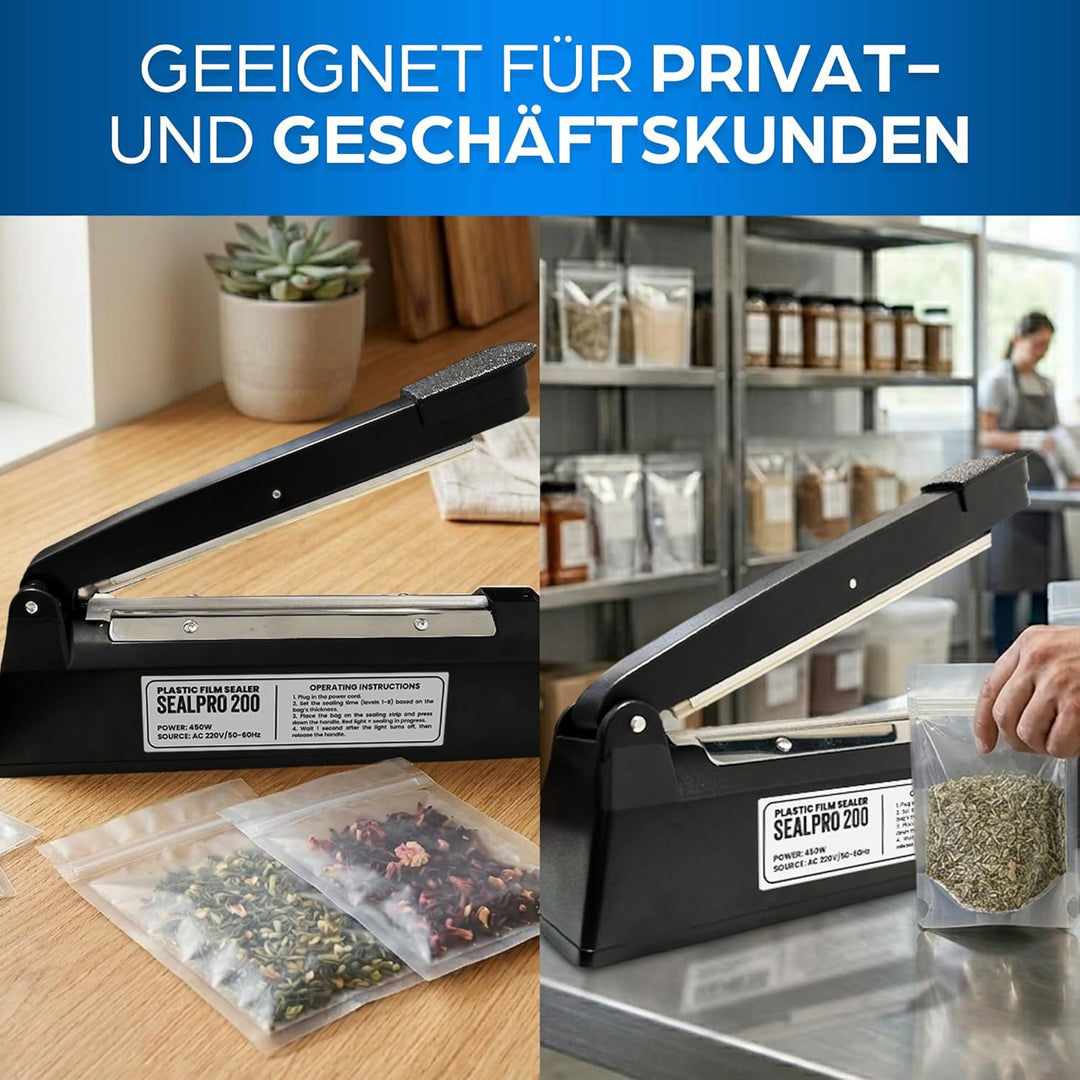 Versiegelungsmaschine 200mm - Profi Thermoversiegelung für Plastiktüten, Aluminium, Kraftpapier - He