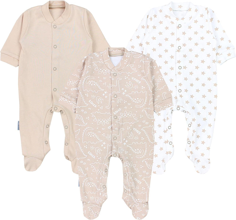 TupTam Baby Jungen Schlafstrampler Langarm Strampler Schlafanzug mit Fuss 3er Pack 62 Dino Park Ster