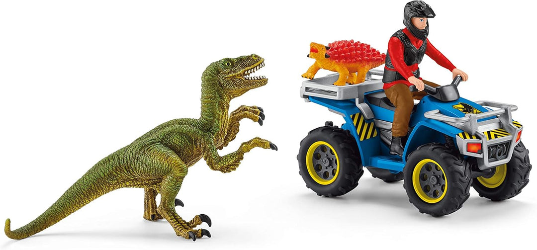 SCHLEICH 41466 Flucht auf Quad vor Velociraptor, für Kinder ab 5-12 Jahren, Dinosaurs - Spielset Sin