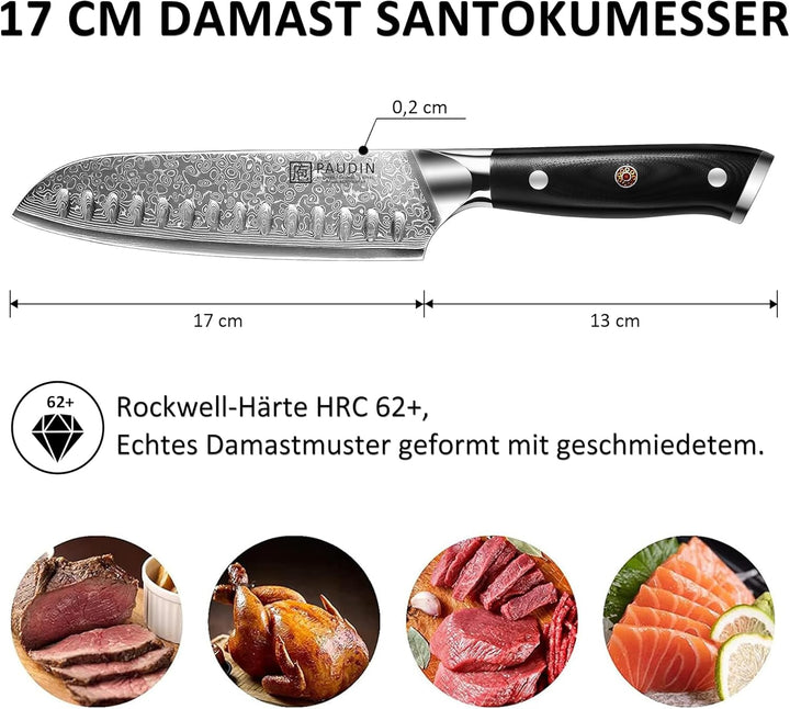 PAUDIN Santokumesser Damastmesser 17 cm, Ultra Scharfes Kochmesser aus 67 Lagen Damaststahl mit japa