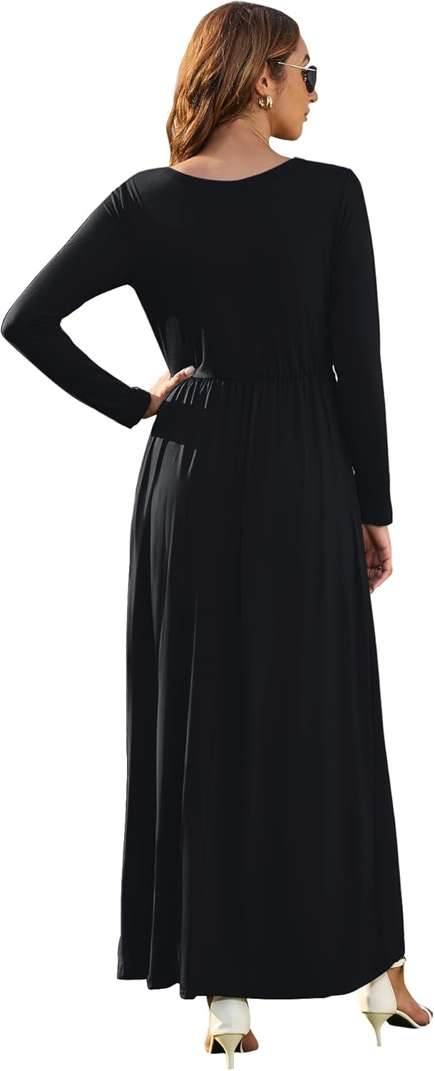 AUSELILY Damen Langarm Maxikleider Lässige Langkleider mit Taschen Winter, XS Schwarz